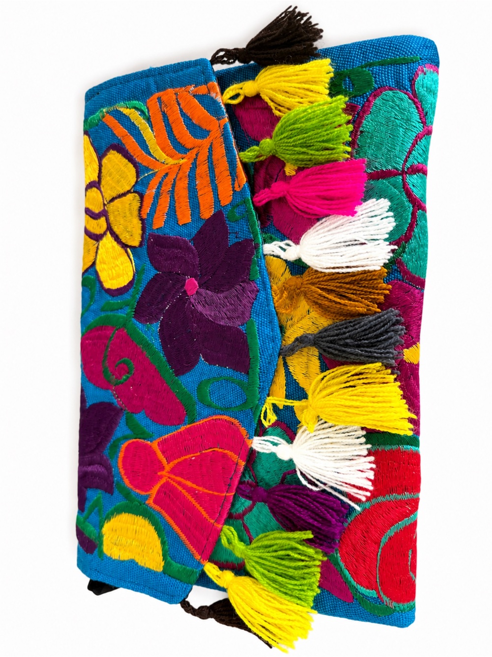 Hand-Embroidered Floral Tassel Clutch — Multicolor